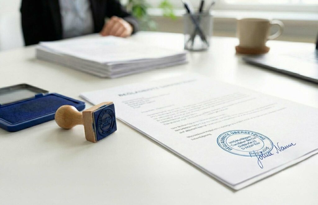 Auf dem Tisch liegt ein offiziell beglaubigtes Dokument mit blauem Siegel und Holzstempel, daneben Tintenpad, Kaffeetasse und Aktenstapel als Symbol für zertifizierte Übersetzungen