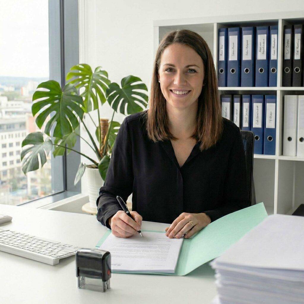 Junge Sachbearbeiterin sitzt an einem Schreibtisch in einem modernen Büro mit einer grünen Pflanze und sortiert Dokumente, während sie freundlich in die Kamera lächelt