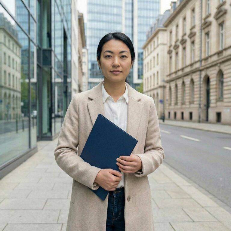 Junge Frau in einem hellen City-Straßenzug hält eine blaue Mappe und blickt selbstbewusst in die Kamera, symbolisiert private Dokumentenübersetzungen