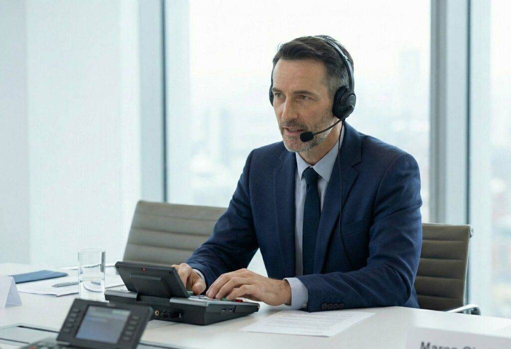 Freundlicher MTS Dolmetscher mit Headset und Anzug vor einem Fenster in einem Büro in Trier.