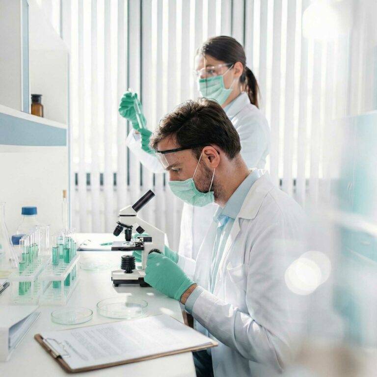 Zwei Forscher in weißer Schutzkleidung arbeiten im Labor mit Mikroskop, Petrischalen und Pipette, um medizinische Untersuchungen zu unterstützen