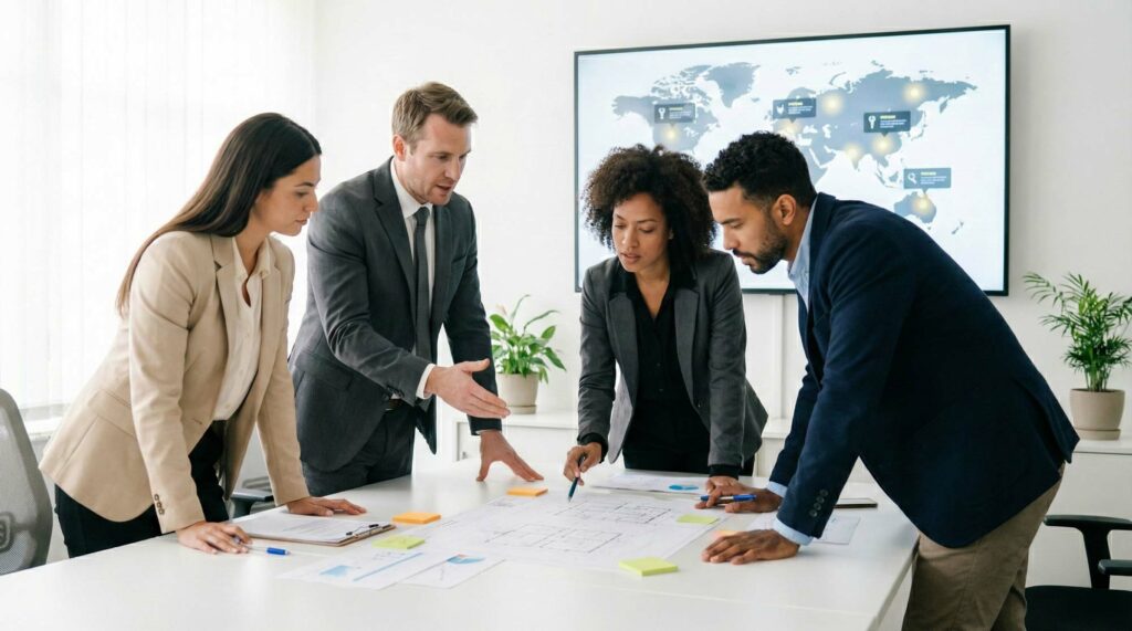 Vier Mitarbeiter unterschiedlichen Hintergrunds beugen sich über einen Tisch voller Unterlagen und Notizen, um gemeinsam mehrsprachige Übersetzungsprojekte zu planen