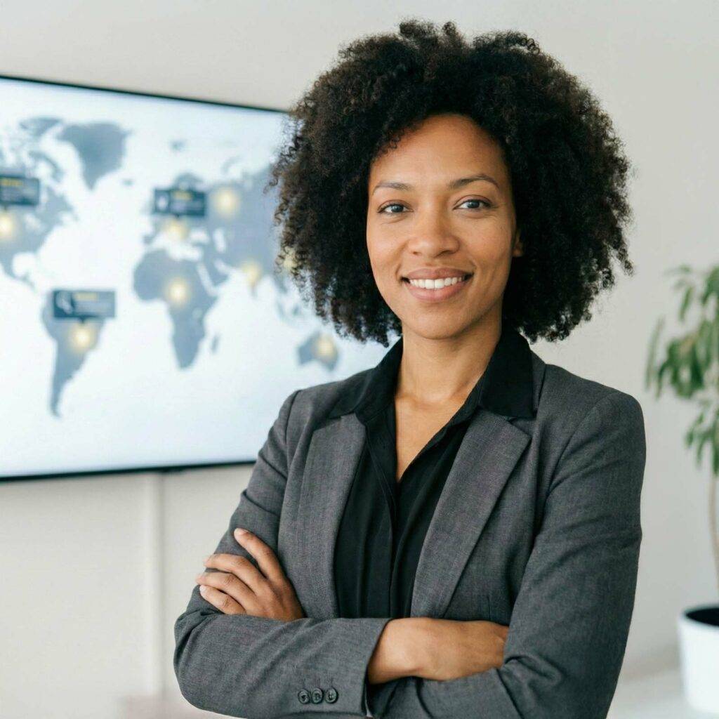 Selbstbewusste Geschäftsfrau mit lockigem Haar steht mit verschränkten Armen vor einer digitalen Weltkarte und symbolisiert globale Übersetzungsdienste