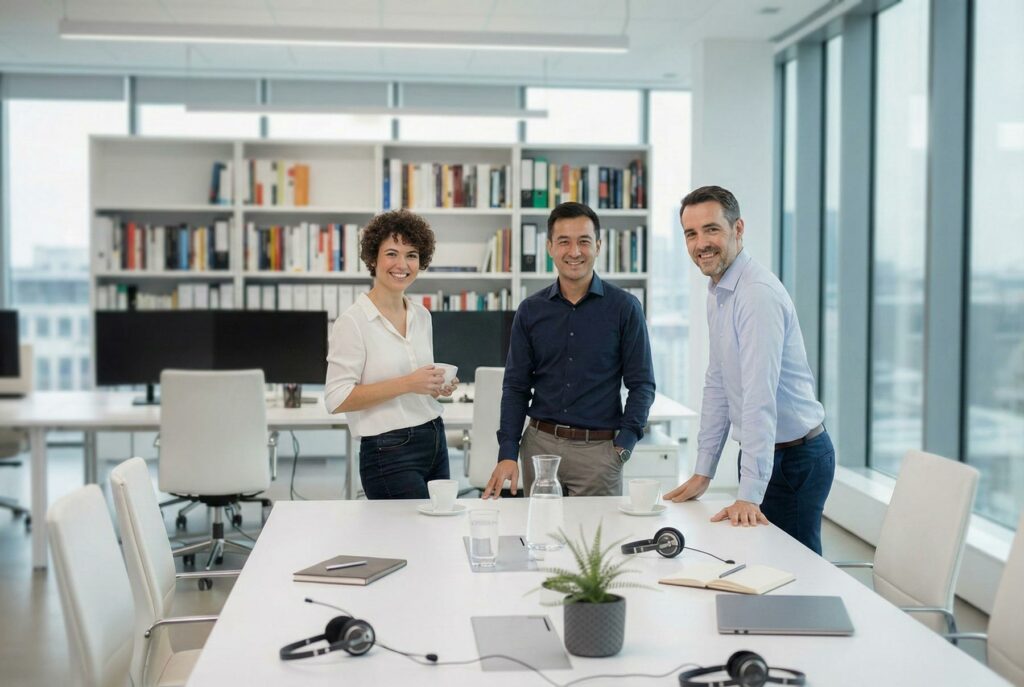 Ein lächelndes Dreierteam steht in einem hellen Konferenzraum mit Headsets, Wassergläsern und einem hellen Tisch, bereit für ihre nächste Übersetzungssitzung