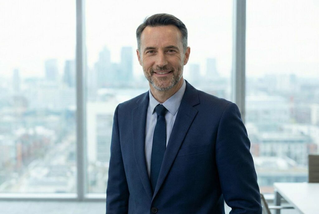 Ein selbstbewusster Geschäftsmann im dunklen Anzug steht vor einer modernen Panoramafensterfront mit Stadtblick; er verkörpert Seriosität und Professionalität im Kontext von Übersetzungsdienstleistungen.