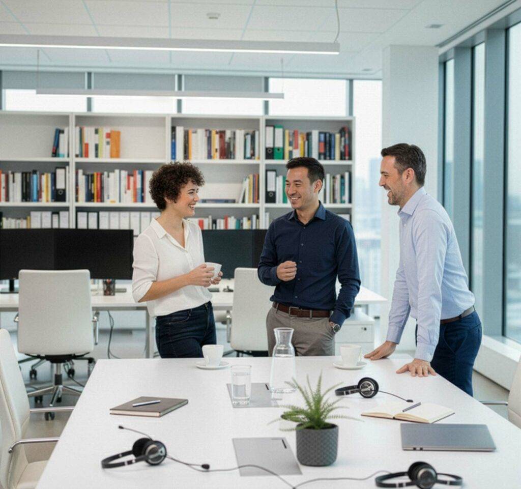 Drei Übersetzungsprofis stehen in einem modernen Konferenzraum um einen Tisch, lächeln und diskutieren mit Headsets und Wasserkrügen über Dolmetschleistungen