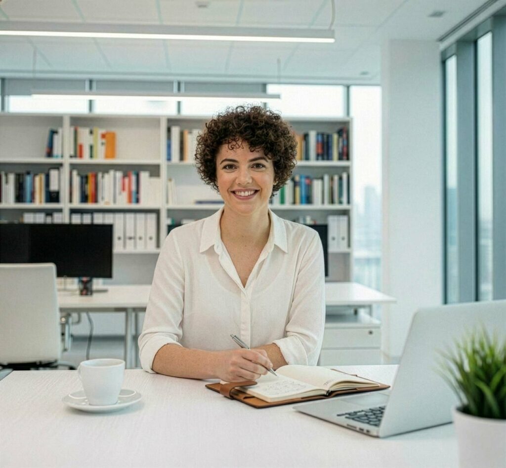 Freundliche Frau mit lockigem Haar sitzt in einem modernen Büro an einem hellen Schreibtisch mit Notizbuch, Kaffeetasse und Laptop, bereit für Übersetzungsarbeiten