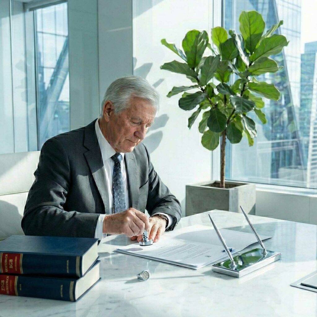 Ein älterer Rechtsanwalt in einem eleganten Büro unterzeichnet wichtige Unterlagen neben Gesetzesbüchern und einem Stempel, um juristische Übersetzungsdienste zu symbolisieren.