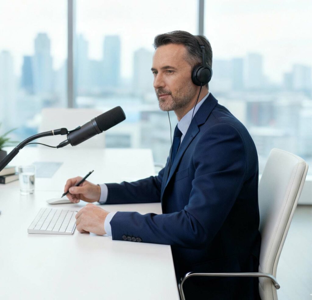 Professioneller Dolmetscher mit Headset und Mikrofon sitzt in einem modernen Studio vor einer Skyline, hält einen Stift und spricht in das Mikrofon, um simultane Übersetzungen zu liefern