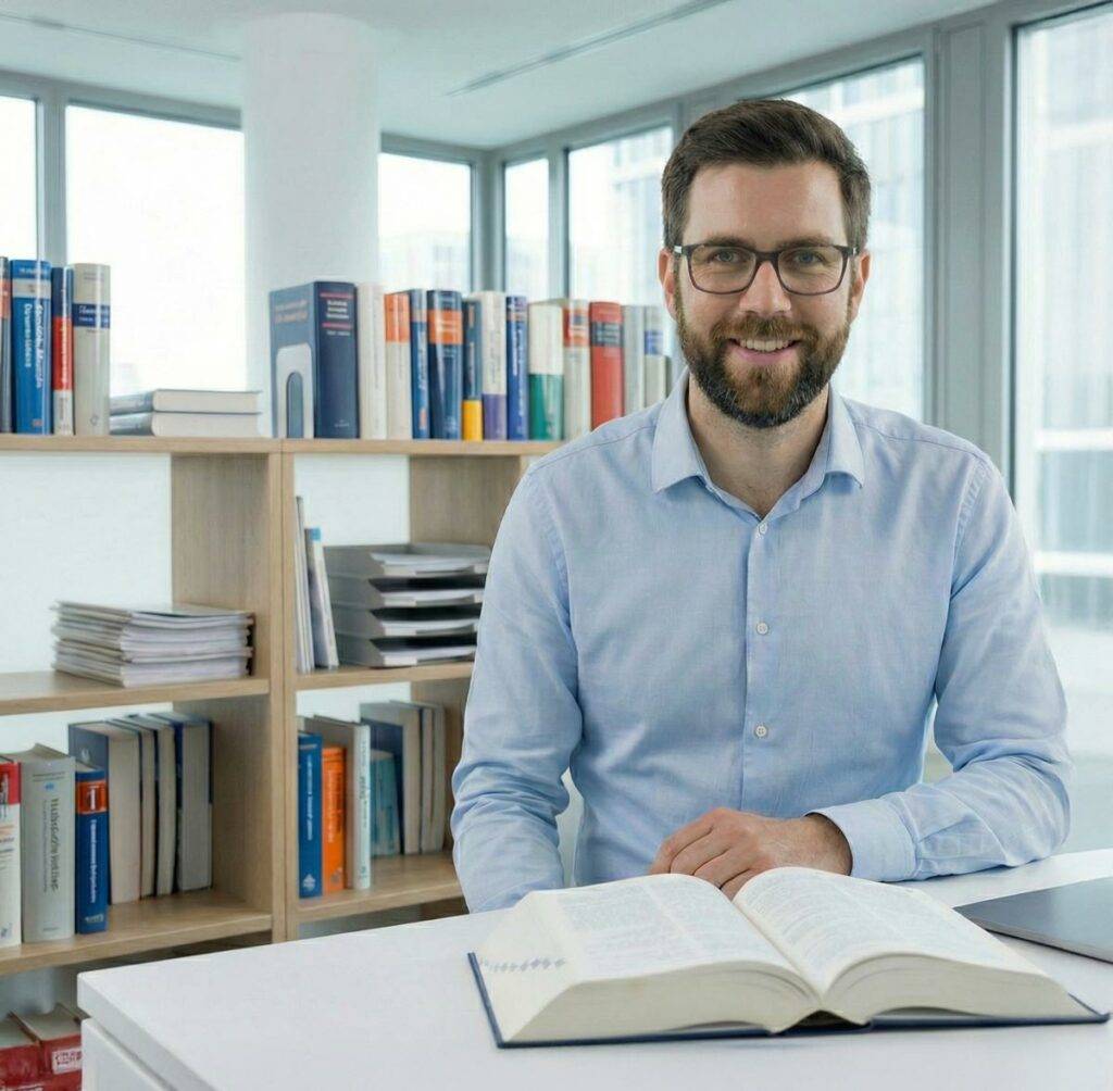 Ein männlicher Übersetzer mit Brille sitzt in einem hellen Büro vor einem Bücherregal und liest in einem geöffneten Wörterbuch, bereit für anspruchsvolle Übersetzungen