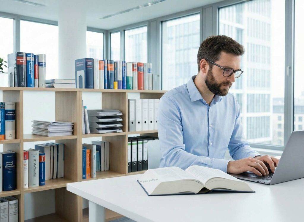 Ein konzentrierter Dolmetscher sitzt in einer modernen Bibliothek an einem Tisch, arbeitet am Laptop und nutzt ein aufgeschlagenes Wörterbuch für mehrsprachige Übersetzungen